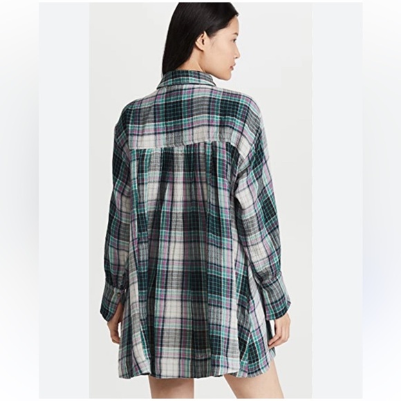 Free People The Voyage Shirtdress Mini. Oversized Pink Grey Turquoise Plaid XS - Picture 13 of 16